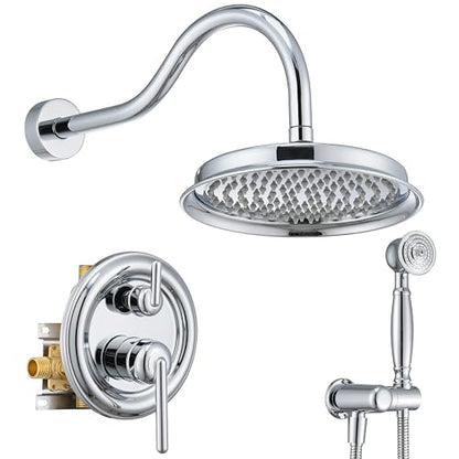 Rainfall Shower System Shower Faucet Set, Luxury, Antique, Polished Chrome | 9 Inch Shower Head and Handheld Spray, Pressure Balance Valve, Wall Mounted, Bathroom, Shower Trim Kit - color: Polished Chrome, style: With Handheld