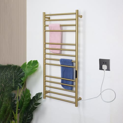 Gold Wall Mounted Heated Towel Rack,Gold Towel Warmers Rack for Bathroom, Timer & Temperature Control Electric Towel Drying Rack (14 Bars Brushed Gold A, Plug-in) - color: 14 Bars Brushed Gold a, size: Plug-in