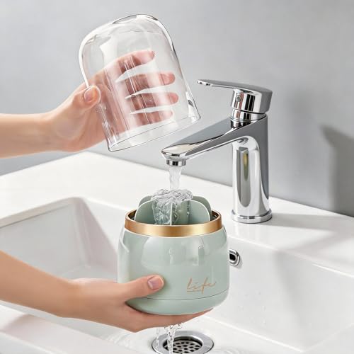 360º Rotating Toothbrush Holder with Cover, Dustproof Waterproof Cosmetic Organizer, 7-Slot Bathroom Countertop Organizer with Drainage for Makeup Brushes, Electric Toothbrushes, Toothpaste - color: Green
