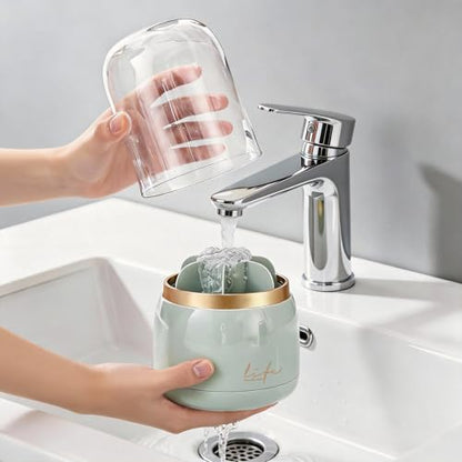 360º Rotating Toothbrush Holder with Cover, Dustproof Waterproof Cosmetic Organizer, 7-Slot Bathroom Countertop Organizer with Drainage for Makeup Brushes, Electric Toothbrushes, Toothpaste - color: Green