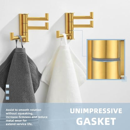 Suyar Brushed Gold Towel Hook, Bathroom Swivel Coat Robe Holder with 3 Arms | SUS304 Stainless Steel, Wall Mounted, 2 Pack - color: Brushed Gold, size: 2 Pack