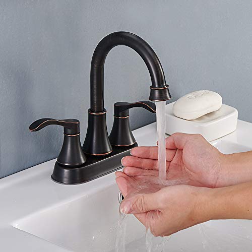 Lead-Free Antique 2 Handle Bathroom Sink Faucet, 360° Swivel High-Arc Spout 4-Inch Centerset Lavatory Vanity Faucets Set with Drain & Water Hoses, Oil Rubbed Bronze