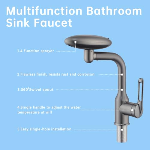 Bathroom Sink Faucet 1 Hole, Gunmetal Grey Multifunctional Basin Faucet with 4 Water Outlet Modes, Modern 360°Rotatable Bar Tap with Two Water Supply Pipes - color: Gray
