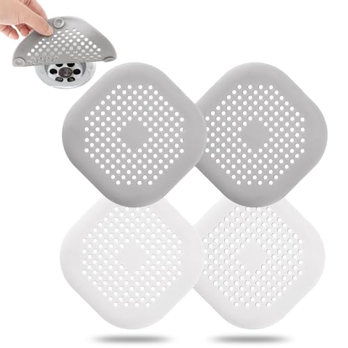 Hair Drain Catcher,Square Drain Cover for Shower Silicone Hair Stopper with Suction Cup,Easy to Install Suit for Bathroom,Bathtub,Kitchen 4Pack (Gray+White) - color: Gray+white