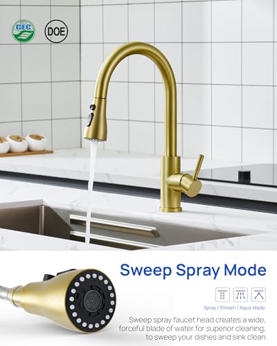 J-HVA Pull Down Kitchen Faucet Sprayer Head Replacement, Brushed Gold | 3 Function Pull Out Sink Sprayer Replacement Nozzle Part, Kitchen Faucet Head Hose Spray Tap Spout, 15 adapters - color: Brushed Gold