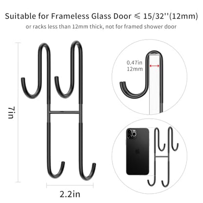 Over Shower Glass Door Hook, 2 Pack Black Stainless Steel Extended Shower Door Hooks, Bathroom Frameless Drilling-Free Hanger, Double Side Towel Hooks - color: Black