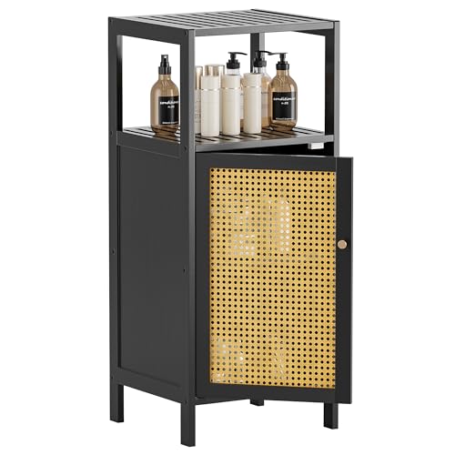 HITNET Bathroom Storage Cabinet Rattan, Small Bamboo Floor Cabinet with Single Door and Open Shelf, Freestanding Narrow Cupboard for Living Room, Kitchen, Entryway, Black - color: Black