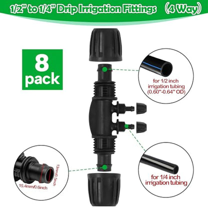 1/2 Inch To 1/4 Drip Irrigation Fittings - 8 Pack Drip Line Irrigation 1/2'' to 1/4'' Barbed Tee Adapter Anti-Drop Lock Nut Barbed Reducer 4 Way Connectors for Drip Irrigation System - size: 1/2" 4 Way Tee