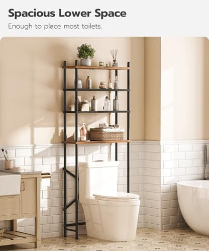 HOOBRO Over the Toilet Storage, 4-Tier Over Toilet Bathroom Organizer, Freestanding Above Toilet Shelf with Adjustable Feet, Space Saving, Easy to Assemble, Rustic Brown and Black BF64TS01