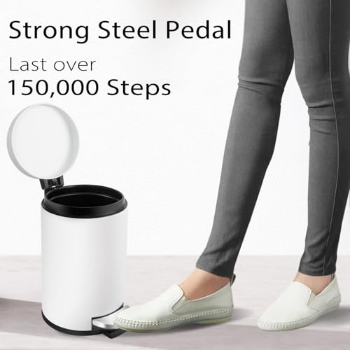 TIPGO Small Bathroom Trash Can with Lid Soft Close, 1.2 Gal, White | Hands-Free Step Pedal, Removable Inner Bucket, 4.5 Liters, Round Stainless Steel Garbage Can for Bedroom, Office, Kitchen - color: White