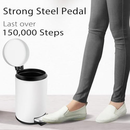 TIPGO Small Bathroom Trash Can with Lid Soft Close, 1.2 Gal, White | Hands-Free Step Pedal, Removable Inner Bucket, 4.5 Liters, Round Stainless Steel Garbage Can for Bedroom, Office, Kitchen - color: White