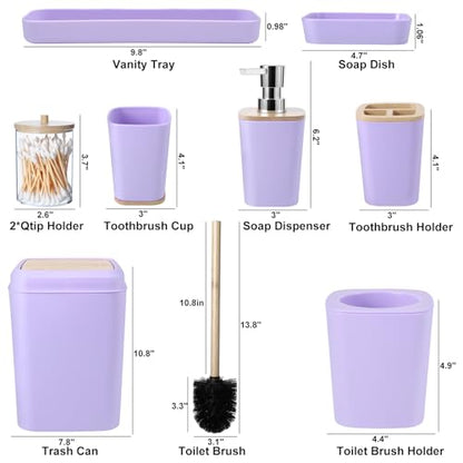Purple Bathroom Accessories Set, 9 Piece Purple Bathroom Accessory Set with Trash Can,Toothbrush Holder,Toothbrush Cup,Lotion Soap Dispenser,Vanity Tray,Soap Dish,Toilet Brush,Qtip Holder - size: Bath Set, style: Light Purple