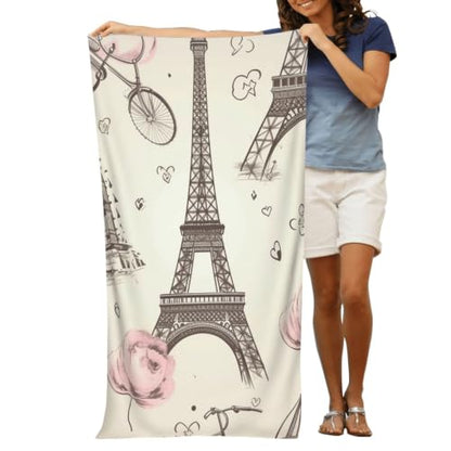 The Eiffel Tower and a Bicycle Bath Towel Super Absorbent Beach Towels Microfiber Bathroom Towel 32 x 52 Inch - color: The Eiffel Tower and a Bicycle