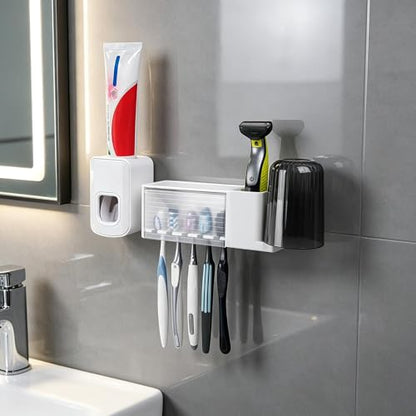 5 Slots Wall Mount Toothbrush Holder with Cover, Self Adhesive Toothbrush Storage Organizer for Shower, Toothbrush Cup Hanger with Automatic Toothpaste Squeezer Dispenser (White) - color: White Combination