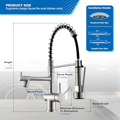 VFAUOSIT Commercial Kitchen Faucet with Pull Down Sprayer, Brushed Nickel | Dual Outlets, Tilted Pot Filler, 360° Rotation, cUPC/CEC Certified, Fingerprint-Resistant Finish, 500,000-Cycle Valve - color: Brushed Nickel-02