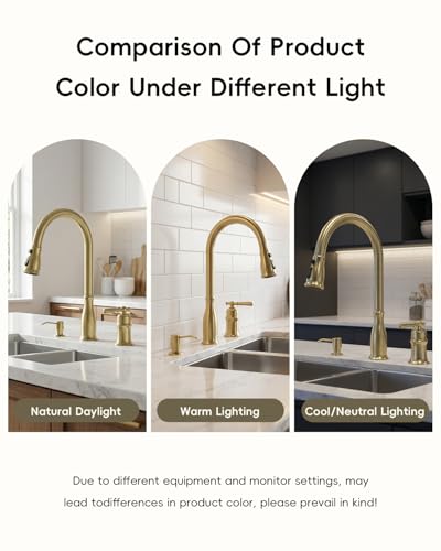 DAYONE Gold Kitchen Sink Faucets with Soap Dispenser and Separate Handle 3 Holes, 2 Holes Pull Down Brushed Gold Sink Faucet for Kitchen, Single Handle High Arc, DAY-CR272 - color: Brushed Gold, style: 3 Holes