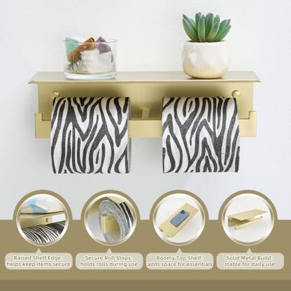 Brushed Gold Double Toilet Paper Holder with Shelf, 304 Stainless Steel Wall Mount Tissue Roll Holder for Bathroom - color: Brushed Gold, size: Double Rod