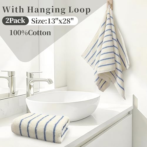 VOOVA & MOVAS Blue Striped Hand Towels 2 Pack, 100% Cotton, 13x28 in | Suitable for Bathroom & Kitchen Daily Use, Hanging Loop, 420GSM Medium Weight, Ultra Absorbent, Soft & Durable - color: Blue Stripe