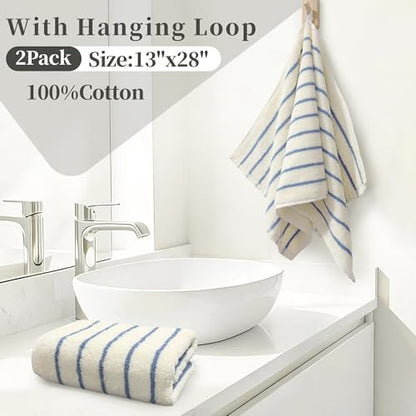 VOOVA & MOVAS Blue Striped Hand Towels 2 Pack, 100% Cotton, 13x28 in | Suitable for Bathroom & Kitchen Daily Use, Hanging Loop, 420GSM Medium Weight, Ultra Absorbent, Soft & Durable - color: Blue Stripe