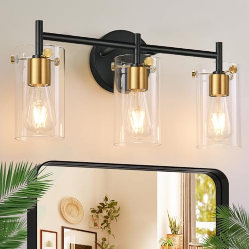 Indoi Bathroom Light Fixtures, 3-Light Black and Gold Vanity Light, Black Bathroom Lights Over Mirror with Clear Glass Shade for Mirror Bedroom Living Room - color: Black and Gold