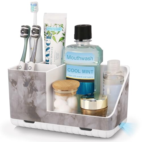 Toothbrush Holders for Bathroom Countertop Organizer (White Marble Grain) | Easy To Clean, Drainage, Non-Slip, Detachable, Kids Electric Toothbrush and Toothpaste Holder for Bathrooms - color: White Marble Grain