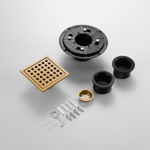 Shower Drain, Brushed Gold 4 inch Shower Floor Square Drain with Flange, Removeable Grid Panel SUS 304 Stainless Steel Square Shower Drain - color: Brushed Gold, size: 4 inch