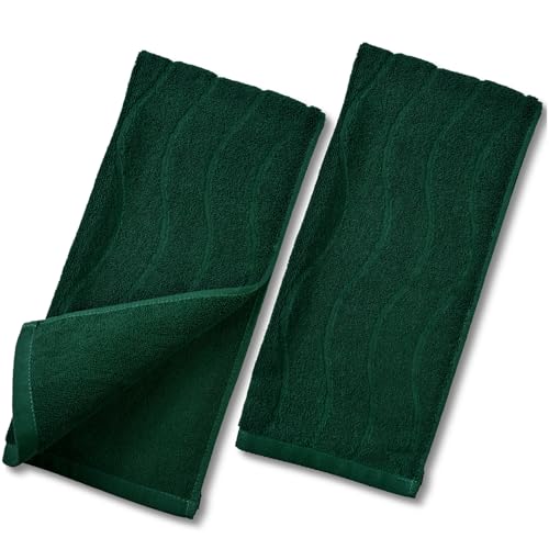 2-Piece Hand Towels Set in Forest Green, Wavy Striped Jacquard Towels | for Bathroom Kitchen (13x29 Inches, Cotton) - color: Forest Green