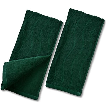 2-Piece Hand Towels Set in Forest Green, Wavy Striped Jacquard Towels | for Bathroom Kitchen (13x29 Inches, Cotton) - color: Forest Green