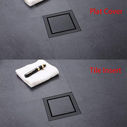 RANDOM Black Shower Drain Square with Removable Tile Insert 6 Inch Drain Cover and Hair Strainer,SUS 304 Stainless Steel Matte Black Shower Floor Drain - color: D-matte Black-6″ Square