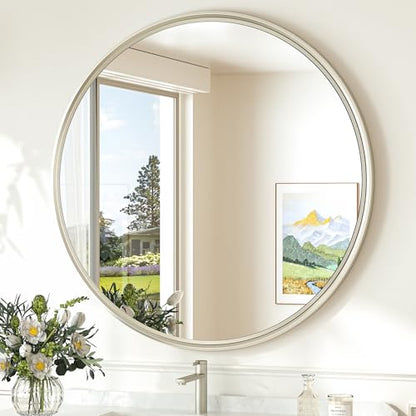 30 Inch Brushed Nickel Mirror Round Tempered, Shatterproof Bathroom Vanity Mirror Circle, Metal Farmhouse Wall Mounted Mirror for Vanity, Entryway, Bedroom, Restroom, Living Room - size: 30"L x 30"W