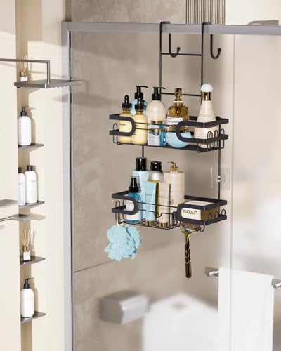 HapiRm Hanging Shower Caddy Over the Door with 14 Hooks and Soap Holder, No Drilling Adhesive Shower Storage, Rustproof & Waterproof Stainless Steel Bathroom Shelves - Black - color: C-Black