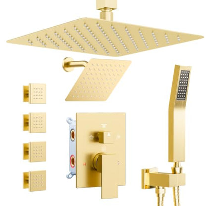Shower Systems with 4 Body Spray Jets, STARBATH 4 Way 12+6" Rainfall Shower Head with Handheld Combo, Ceiling Mounted Shower Jets System in Wall Shower Faucet Sets Complete,Brushed Gold - color: Gold, size: 6"+12"-01