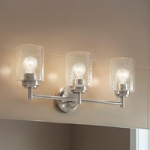 Kichler Winslow 21.5" Vanity Light in Brushed Nickel, 3-Light Transitional Bathroom Light with Clear Seeded Glass. (21.5" W x 9.25" H), 45886NI | Clear seeded glass vanity light for bathroom mirrors (21.5" x 9.25" x 12"), 45886NI - color: Brushed Nickel,