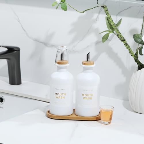 11.8OZ Mouthwash Dispenser, Set of 2, White | Bamboo & Stainless Steel Pour Spout, Mouthwash Cups Reusable, Bamboo Tray, Elegant Gold Label - color: White/350*2