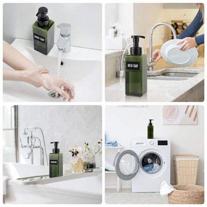 Segbeauty 22oz Empty Plastic Foam Bottle with Foaming Pump, 2pcs Refillable Bathroom Hand Soap Dispenser with Labels, 650ml Green Empty Square Kitchen Liquid Soap Container, Shampoo Pump Bottles - color: Green, style: 2pcs 22oz