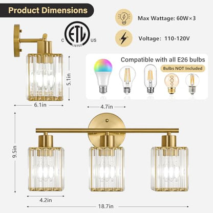 3 Light Bathroom Light Fixtures, Modern Crystal Vanity Lights over Mirror | Metal Frame, Bathroom Light with Square Crystal Shade, ETL Certified, E26 Ceramic Socket, Bulbs Not Included - color: Gold, size: 3-Light