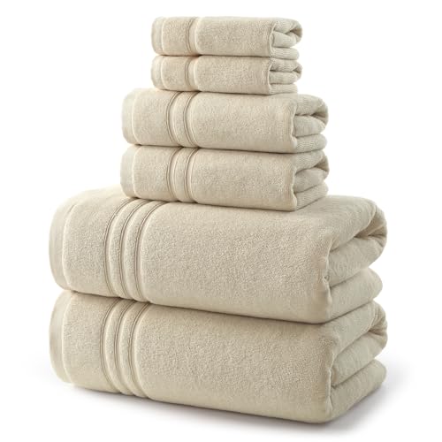 REDKISS Beige Towels Set 6 Piece Cotton Towel Sets with 2 Bath Towels, 2 Hand, 2 Washcloths, 650GSM Hotel Quality, Soft, Highly Absorbent Towels for Bathroom Gym, Ideal Everyday Use - color: Beige