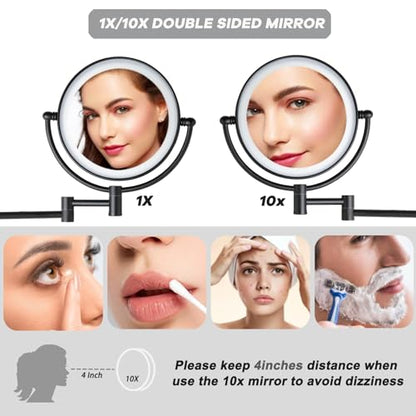 Brass Lighted Wall Mounted Makeup Magnifying Mirror 1X/10X | 8-Inch Rechargeable 2-Sided, 3 Color LED Touch Brightness Adjustment Extended Arm Cosmetic Vanity for Bathroom, Matt Black - color: Matte Black