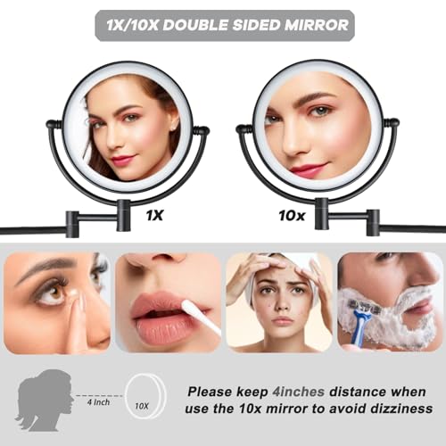 8" Wall Mounted Lighted Makeup Vanity Mirror, 10X Magnifying, Matte Black | Double-Sided, Bathroom, Touch Dimming, 3 Color Lighting, Brass Extendable Arm 360 Swivel Shaving, Hardwired - color: Matte Black