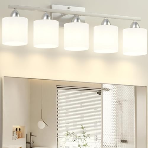 Bathroom Lighting Fixtures Over Mirror, Anti-Rust Vanity Light Fixture for Bathroom, Modern 5-Light Wall Sconce Light for Living Room, E26 Base, Milky White Glass Shades, Bulbs Not Included - color: Brushed Nickel-5Light