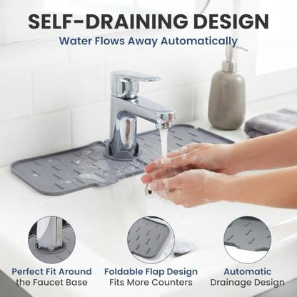 Faucet Splash Guard Mat for Kitchen Sink, Gray & Black, Set of 2 | TPR Drain Pad, Adjustable Center Hole, Self-Draining, Non-Slip, Fits 1.5"–2.5" Base