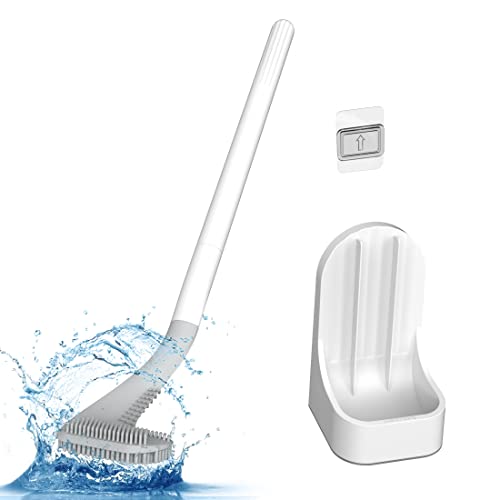 Toilet Brush, Long Handle Golf Toilet Brush with Holder 360° Deep Cleaning Flexible Silicone Toilet Cleaner Brush Wall Mounted for Bathroom (White) - color: White