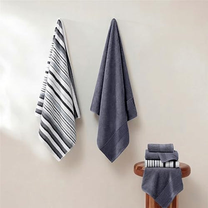 Modern Threads Pax 6-Piece Reversible Yarn Dyed Jacquard Towel Set - Bath Towels, Hand Towels, & Washcloths - Super Absorbent & Quick Dry - 100% Combed Cotton, Denim - color: Blue, style: Wide Stripe