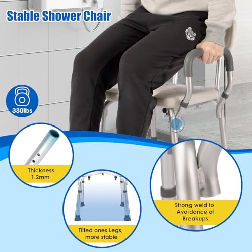 Shower Chair with Arms and Back, 330lbs Heavy Duty Bath Seat with U-Shaped Cutout, 21" Extra Wide Adjustable Shower Stool with 2 EVA Pads and Shower Head Holder, Tool-Free Assembly - color: Grey Pad-small
