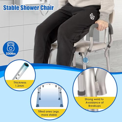Shower Chair with Arms and Back, 330lbs Heavy Duty Bath Seat with U-Shaped Cutout, 21" Extra Wide Adjustable Shower Stool with 2 EVA Pads and Shower Head Holder, Tool-Free Assembly - color: Grey Pad-small