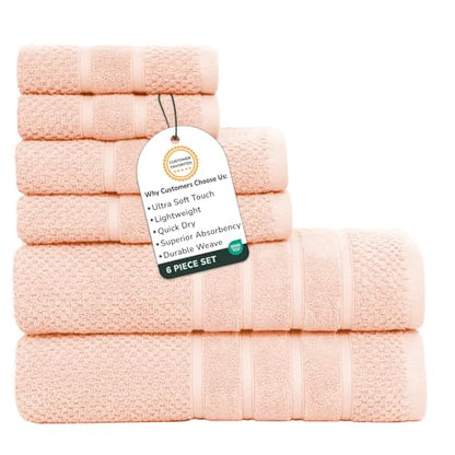 Feather & Stitch 100% Cotton 625 GSM Bath Towel Set of 6, Ultra Soft Highly Absorbent 2 Bath Towels, 2 Hand Towels & 2 Washcloth - Luxury Quick Dry Shower Towels (Pale Peach) - color: Pale Peach