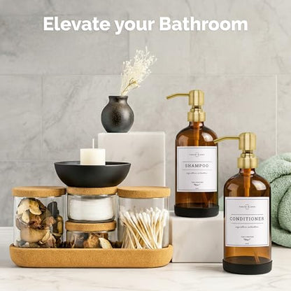 Vine Creations Amber Glass Soap Dispenser, 2 Pack Kitchen Soap Dispenser Set with Stainless Steel Pump, 16 oz Hand Soap and Dish Soap Dispensers for Kitchen or Bathroom with Waterproof Labels - color: Amber Bottle / Brushed Gold Pump