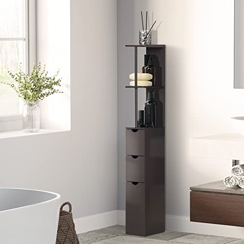 HOMCOM 54" Tall Bathroom Storage Cabinet, Freestanding, 2-Tier Shelf, Brown | Linen Tower, Drawers, Narrow Side Floor Organizer - color: Brown
