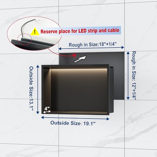 Qeke 18" X 12" Stainless Steel Shower Niche w/ 3 CCT Dimmable Light, Black | No Tile Needed Wall Niche, Recessed Niche w/ Light(3000K/4000K/6000K), IP66 Waterproof, Space Saving & Durable - color: Matte Black, size: 18" X 12"