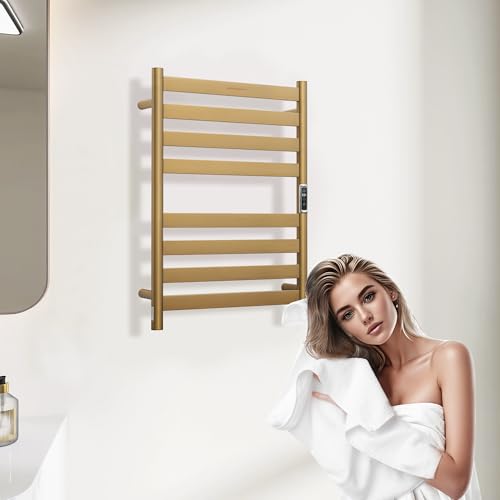 Heated Wall Mounted Electric Towel Warmer Rack,Timer & Temperature Control, 8 Bar Stainless Steel Towel Heater for Bathroom, Brushed Gold, Plug-in(27.56x19.69x4.41in) - color: Brushed Gold, size: 8 Bars